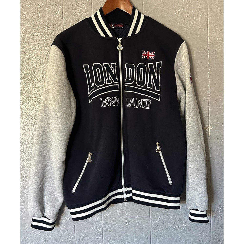 G-Crown London England Varsity Jacket Men's Size L Full Zip Blue Gray Preppy